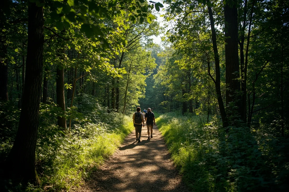 Shaded forest trail section with hikers on well-maintained path