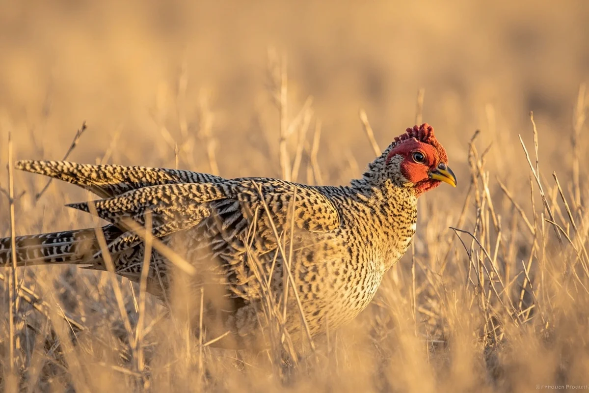 Sharp-tailed grouse in native prairie grass habitat during fall hunting season