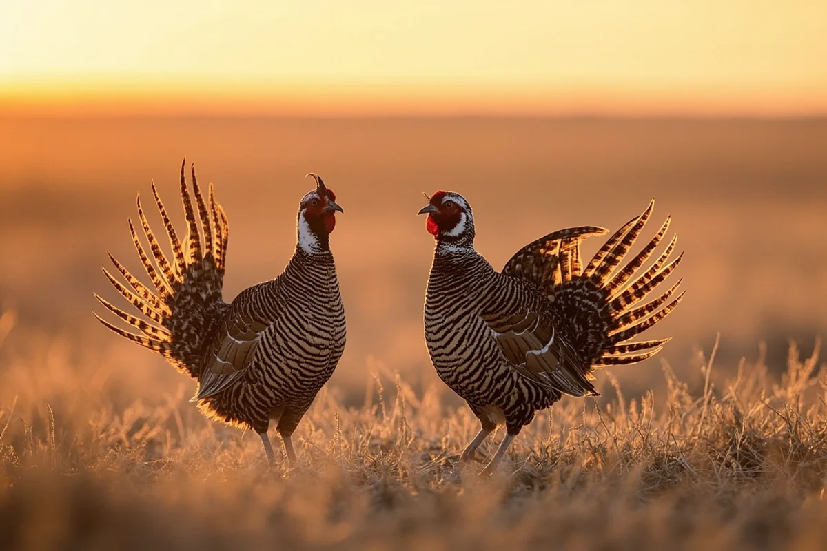 Sharp-tailed grouse performing mating dance on a prairie lek at dawn