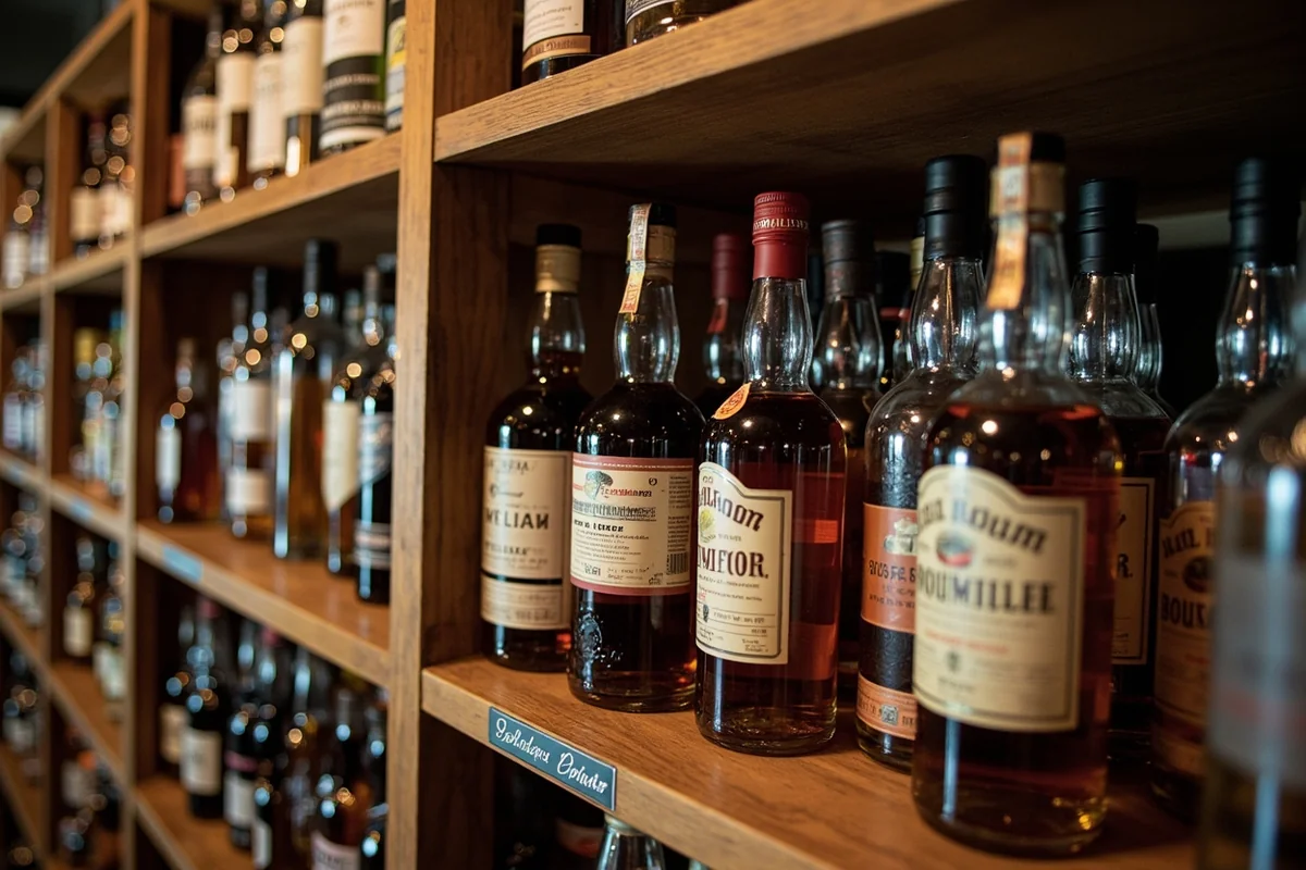 Shelves inside a Montana liquor store showing various whiskey and bourbon bottles with Montana-made spirits featured
