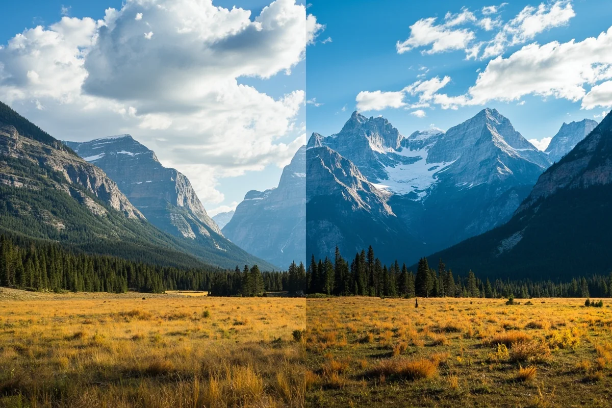 Side-by-side comparison showing Glacier National Park peaks and eastern Montana prairie landscape