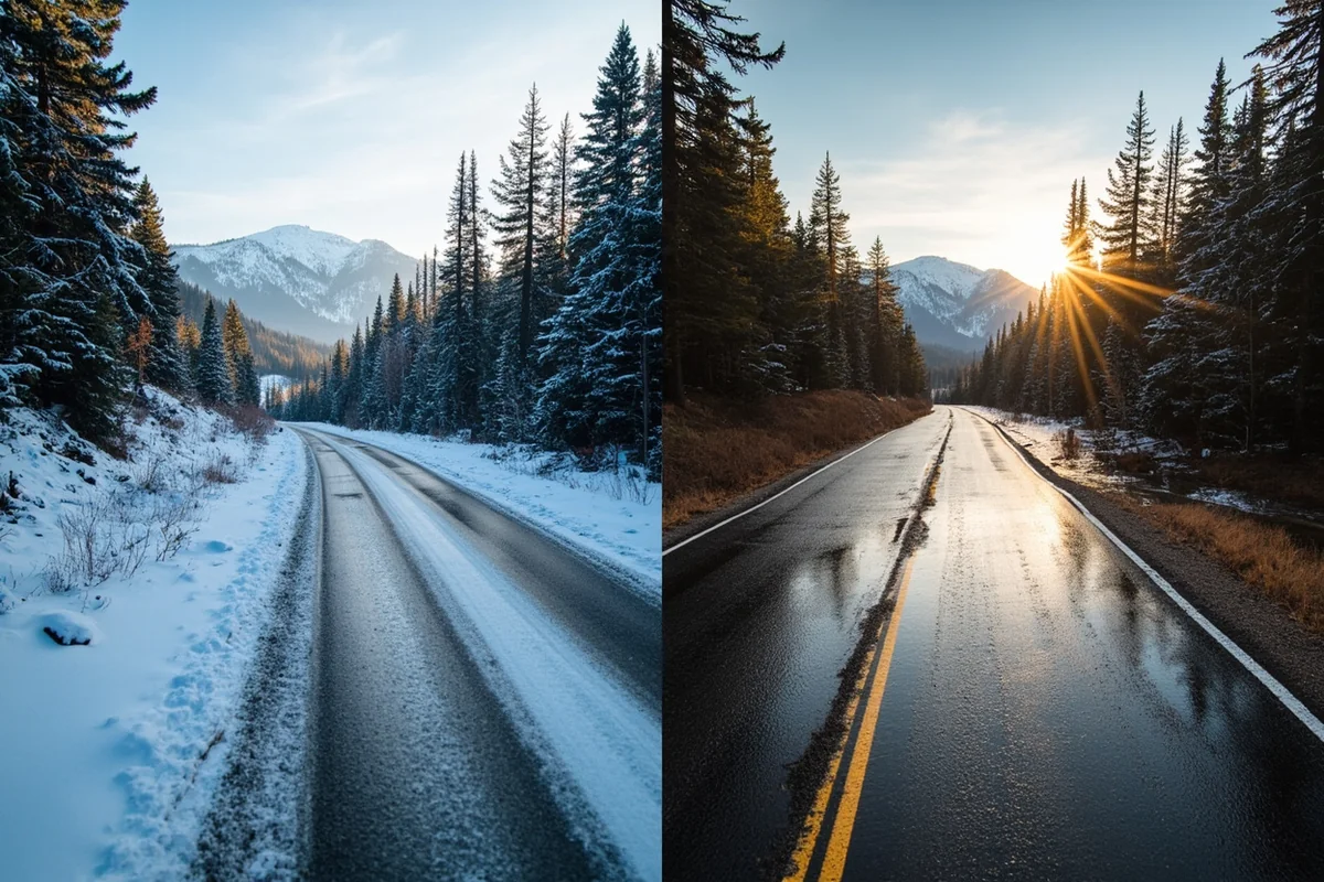 Side-by-side comparison showing peaceful winter Montana road and same road during flooding conditions