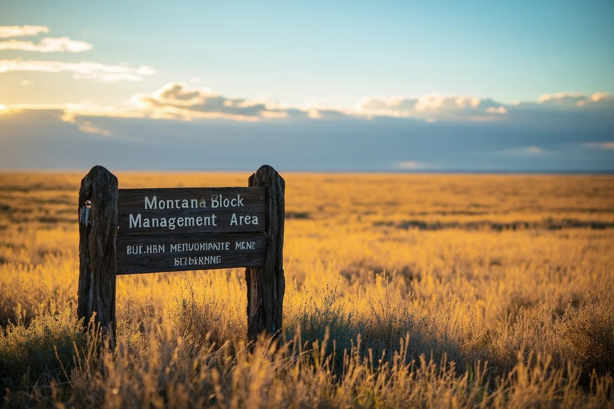 Sign marking a Montana Block Management Area entrance point with rolling prairie in background
