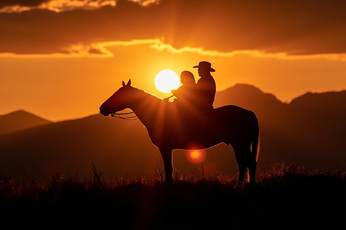 Silhouette of couple on horseback against dramatic Montana sunset with mountain range