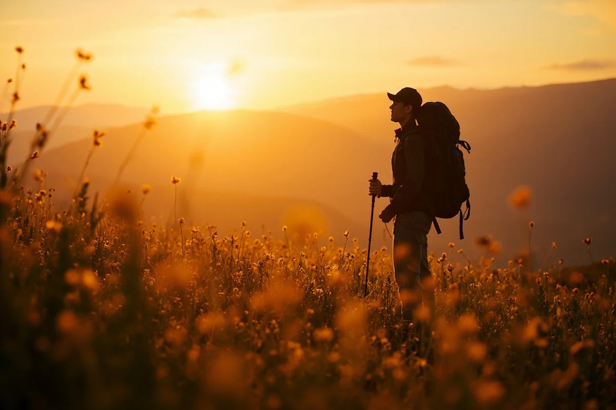 Silhouette of hiker in wildflower meadow at golden hour