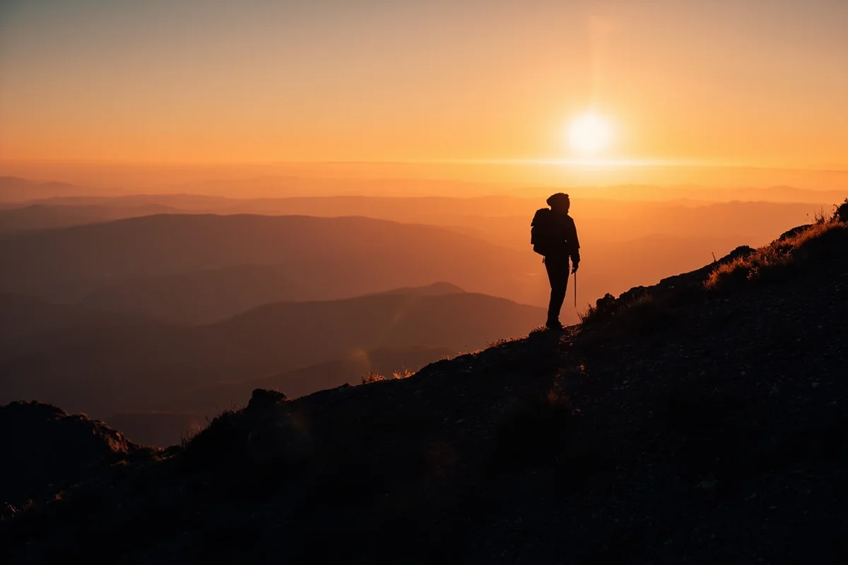 Silhouette of hiker on mountain ridge at sunset, vast Montana wilderness visible in all directions