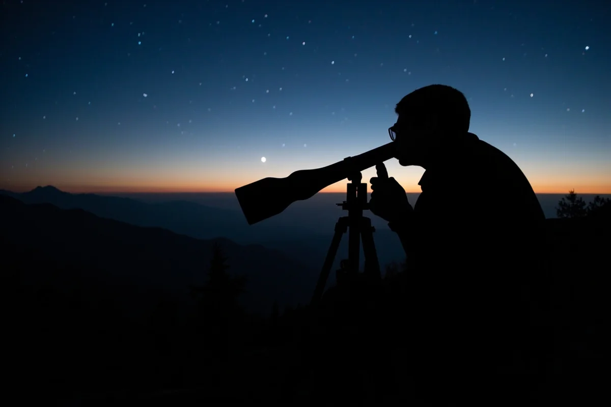 Silhouette of person stargazing with telescope against Montana mountain backdrop