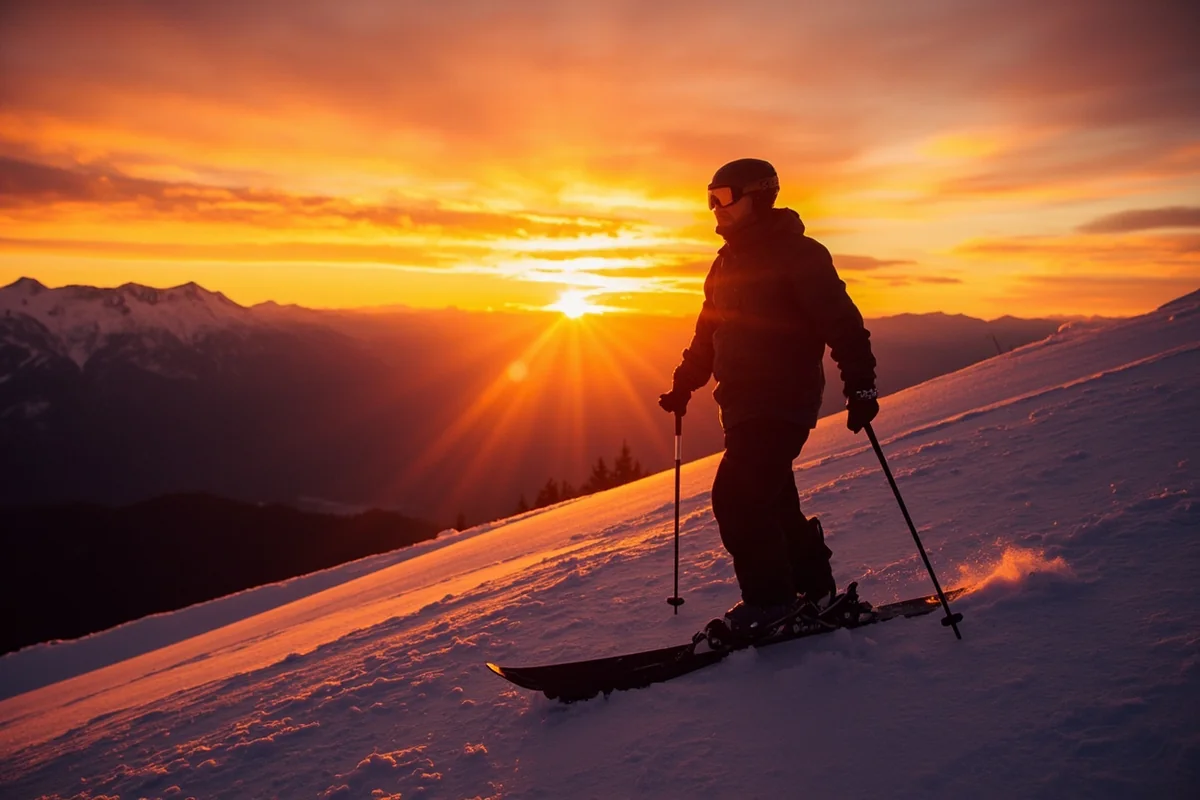 Silhouette of skier against sunset colors with Montana mountain range in background, end of perfect ski day