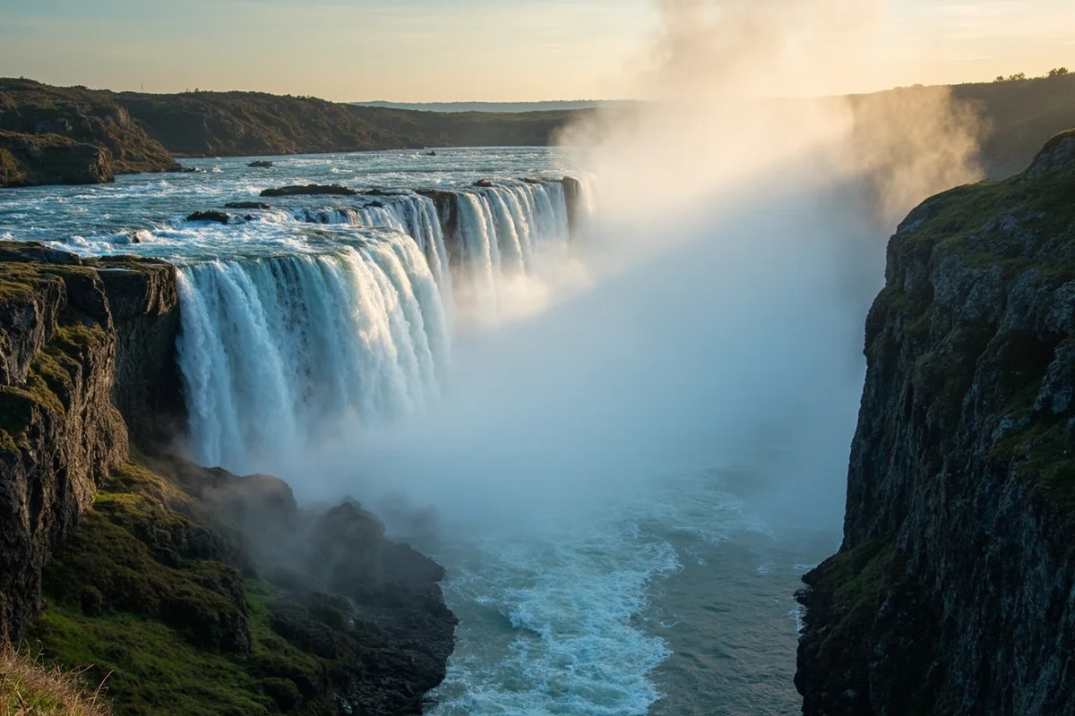 Silken Skein Falls in morning light with mist rising from the base
