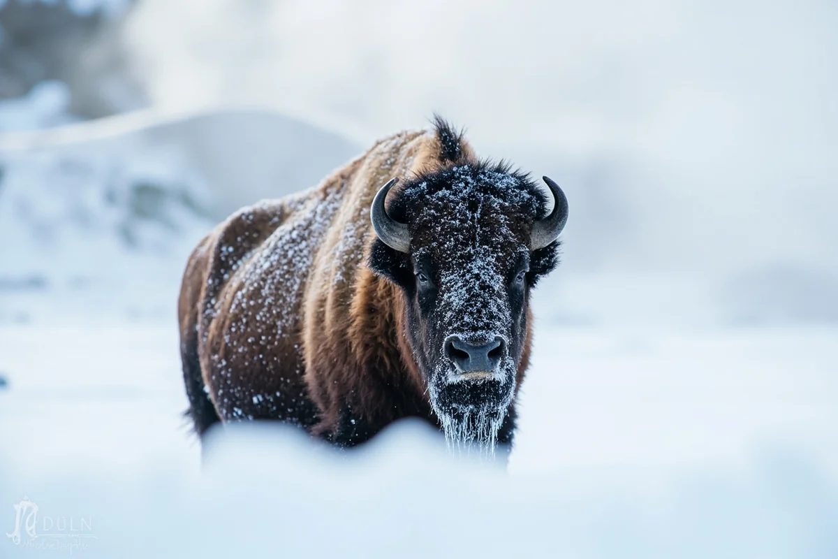 Single bison with frost-covered face standing in snow with steam rising from thermal feature behind