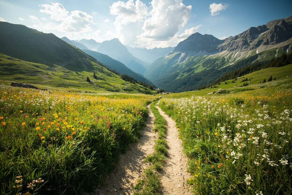 Single-track trail winding through alpine meadow with wildflowers
