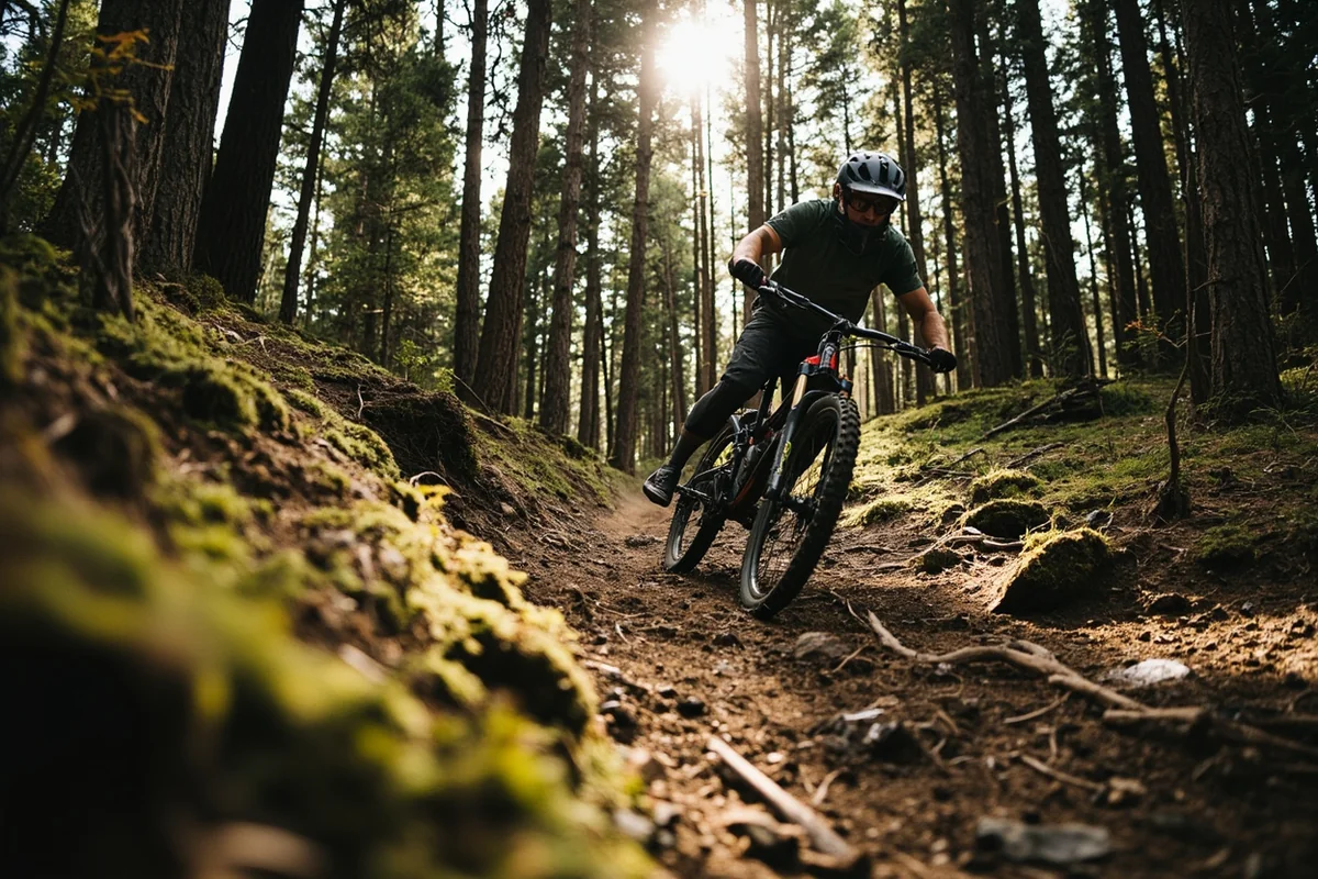 Single-track trail winding through Montana forest with dirt bike rider navigating roots and rocks