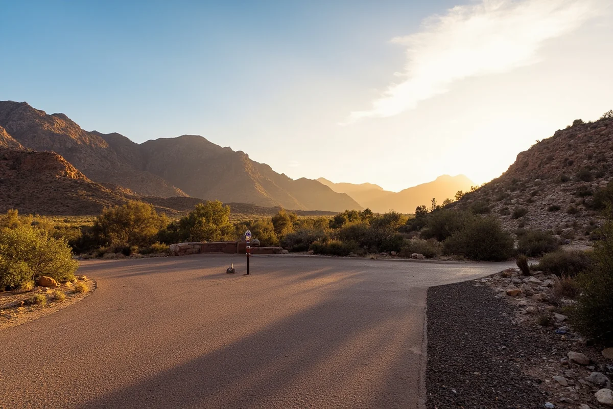 Siyeh Bend Trailhead parking area with morning light on surrounding mountains