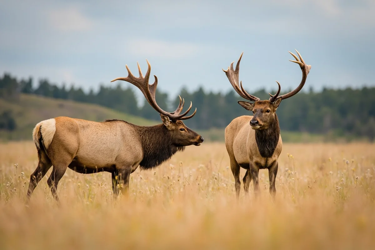 Size comparison of bull elk vs cow elk in meadow setting