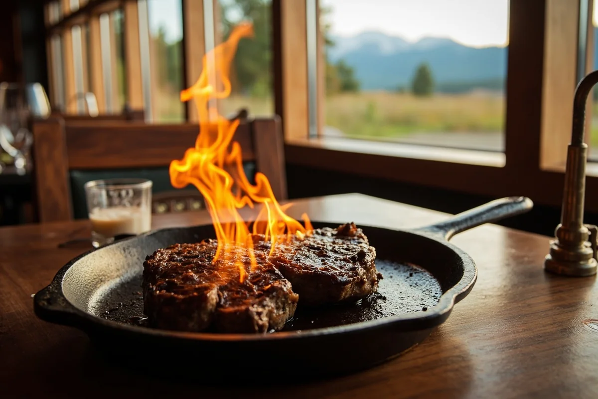 Sizzling ribeye steak on a cast iron plate at a rustic Montana steakhouse with mountain views through the window