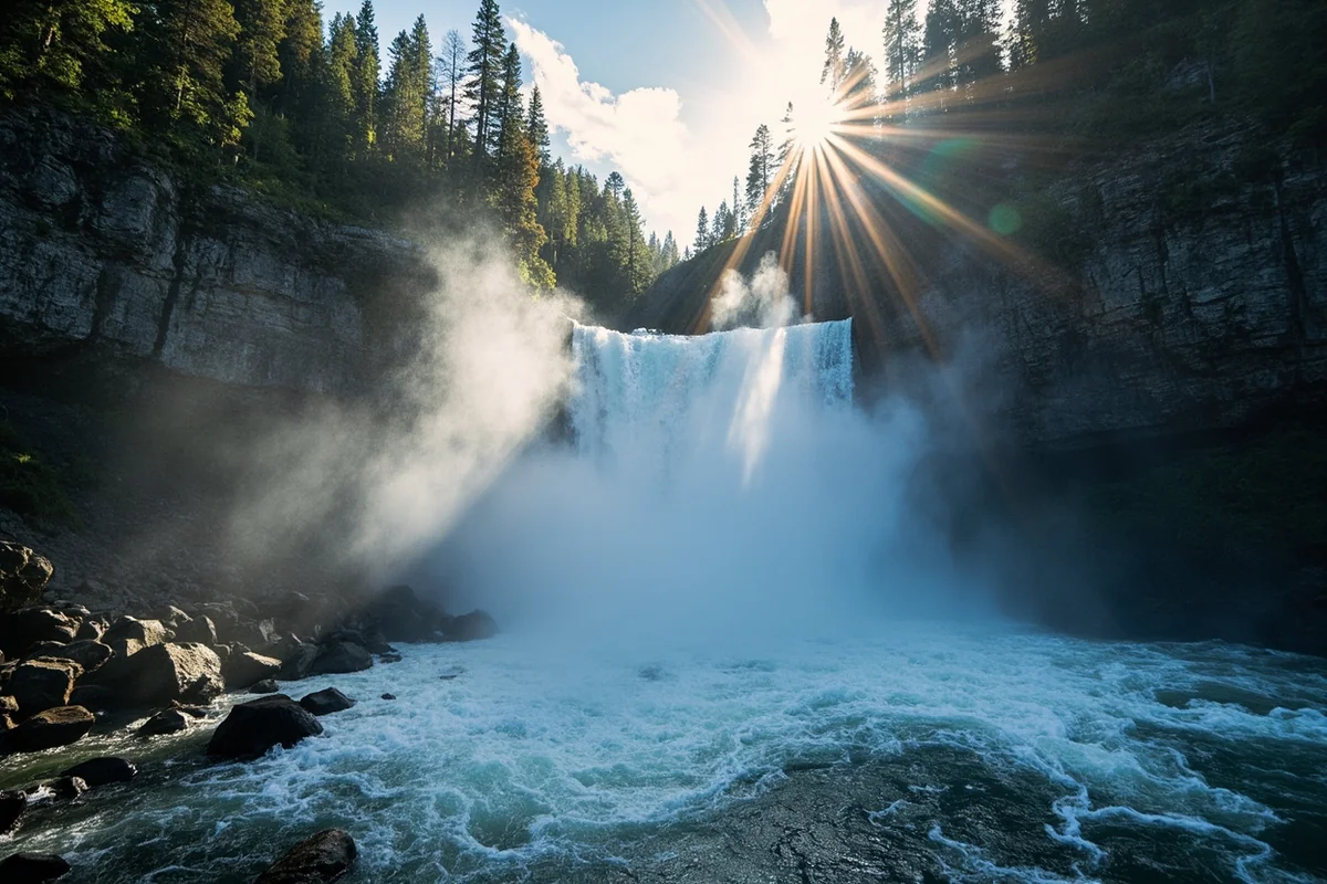 Skalkaho Falls in morning light with sun illuminating the water spray