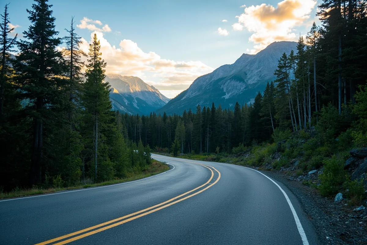 Skalkaho Pass Road winding through mountain forest with scenic mountain views