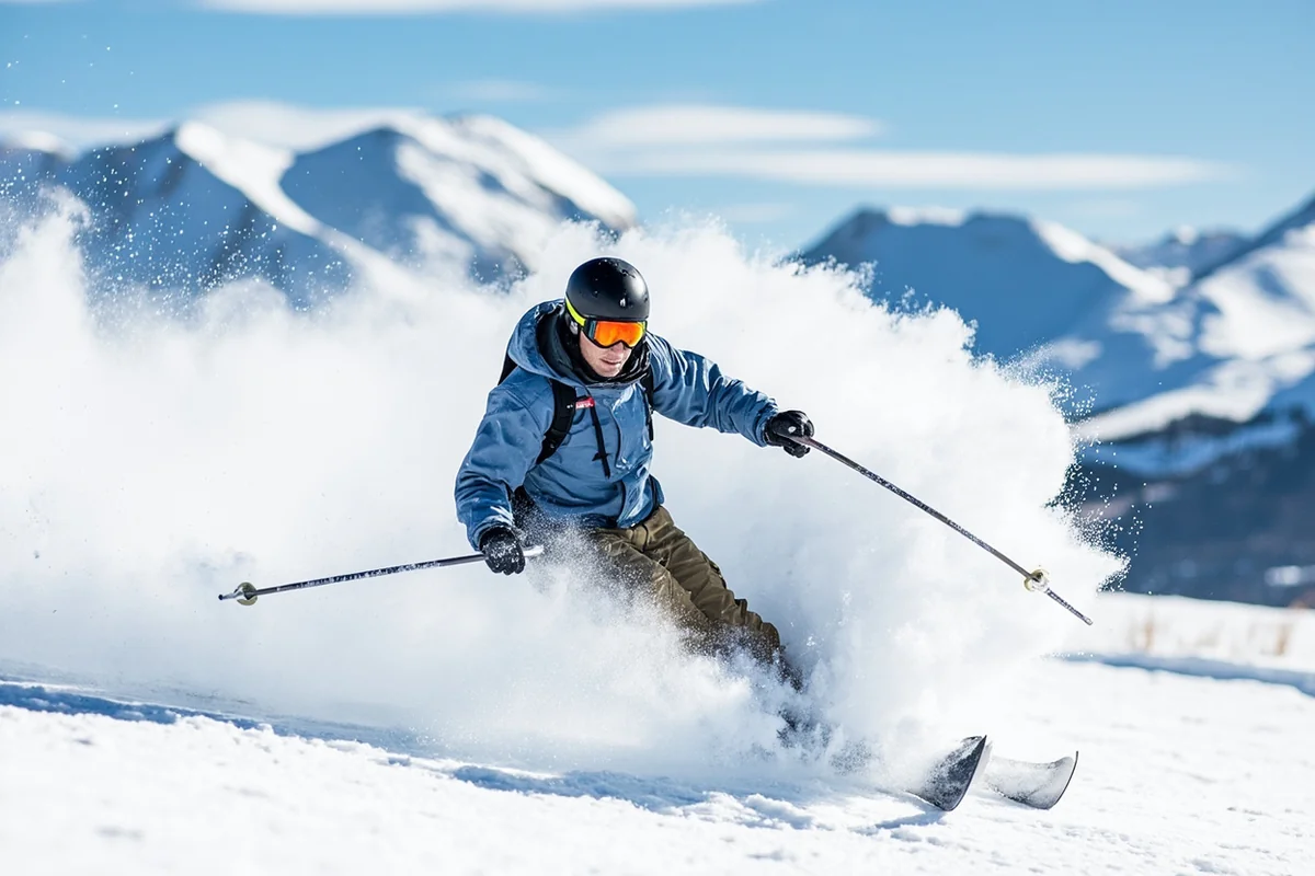Skier carving through deep powder with mountain peaks in background at Big Sky Resort
