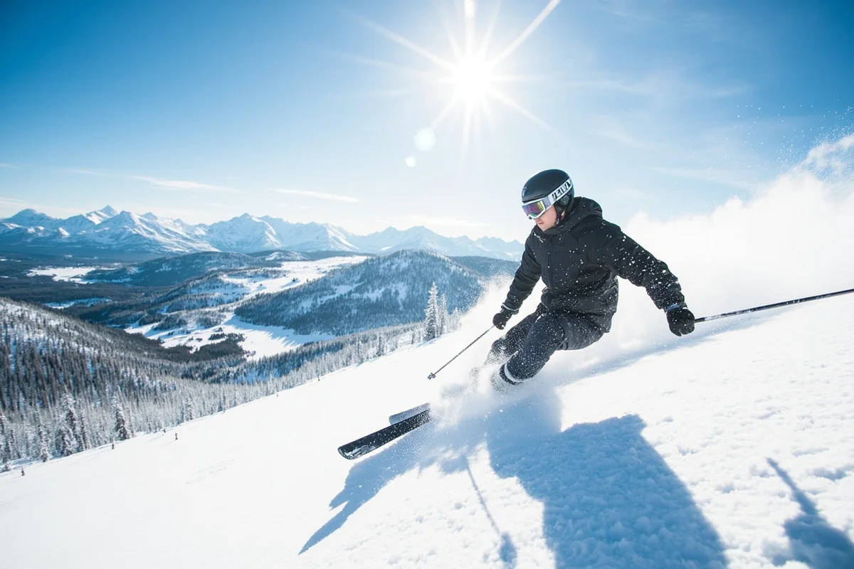 Skier carving through powder at Whitefish Mountain Resort with panoramic mountain views