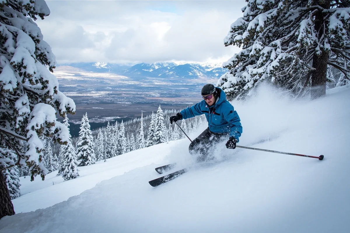 Skier carving through powder in the trees at Bridger Bowl with Bozeman valley visible below