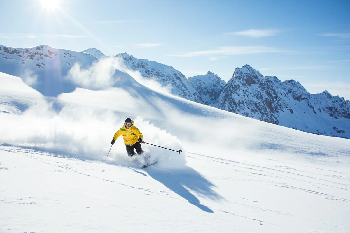 Skier making fresh tracks through powder at Big Sky Resort with mountain backdrop