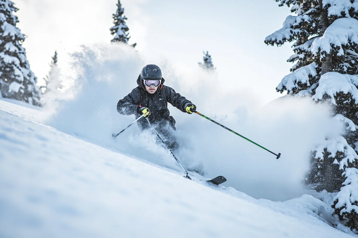 Skier making powder turns through gladed terrain at Lost Trail Powder Mountain with pristine snow conditions