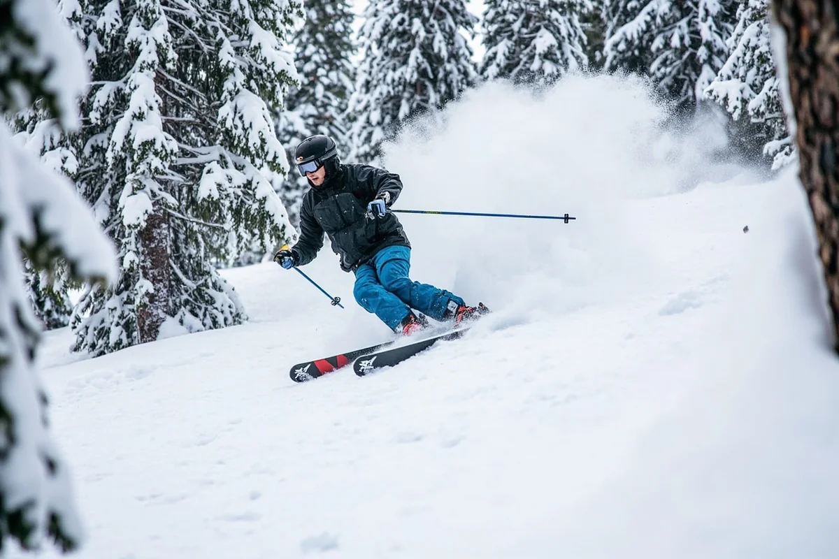 Skier making turns through powder in one of Discovery's gladed tree runs