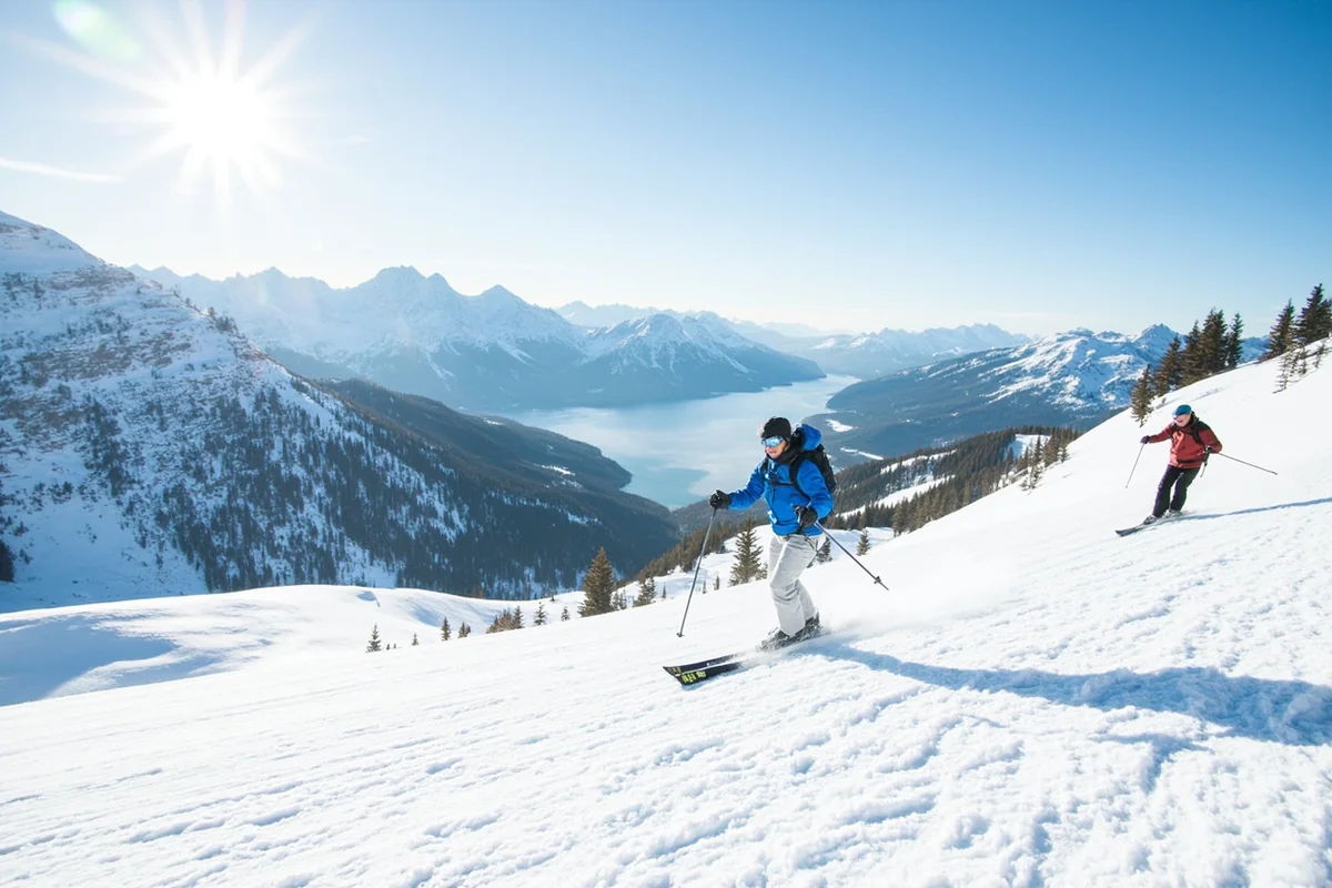 Skiers descending wide groomed run with panoramic mountain views