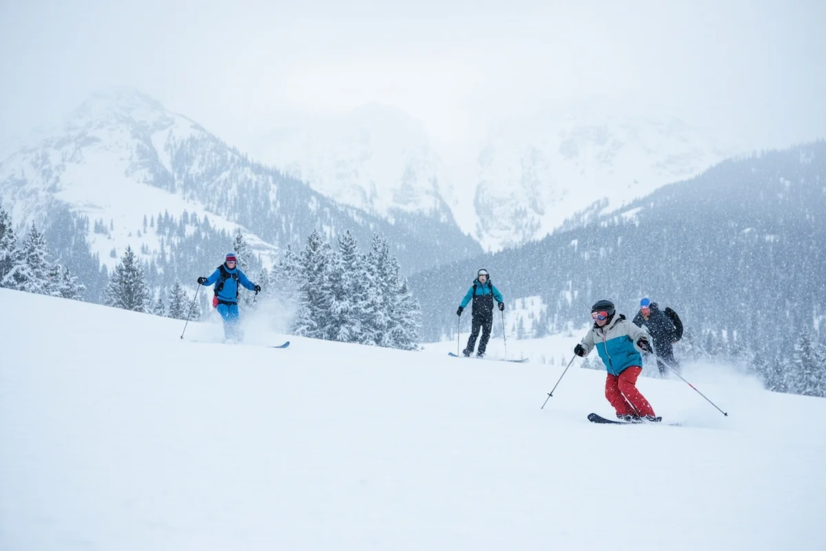 Skiers enjoying deep powder at Big Sky Resort with snow-covered mountain peaks in background