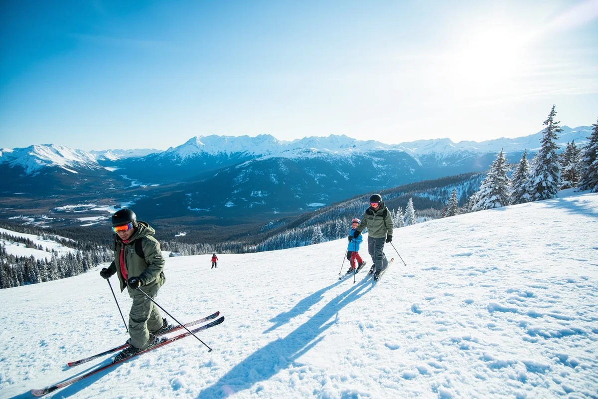Skiers on a sunny day at Whitefish Mountain Resort with panoramic mountain views