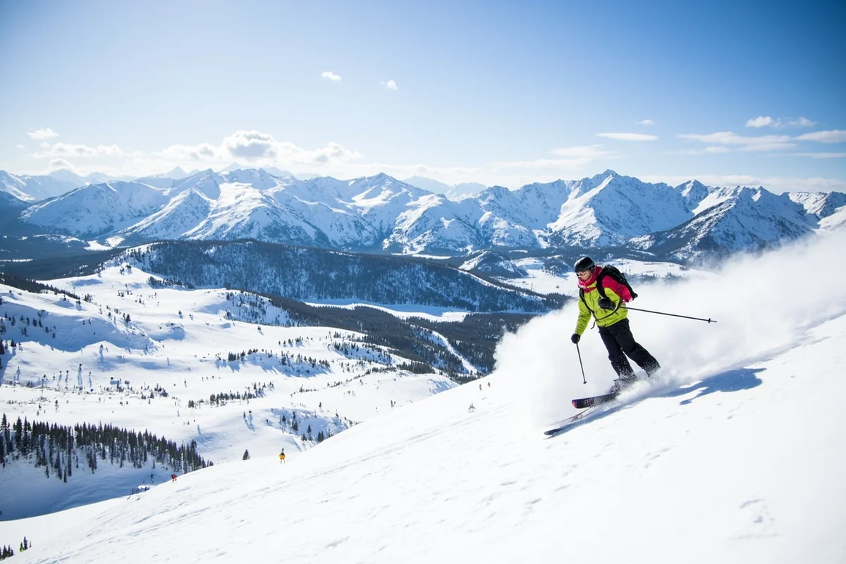 Skiers on Big Sky Resort slopes with Spanish Peaks in background