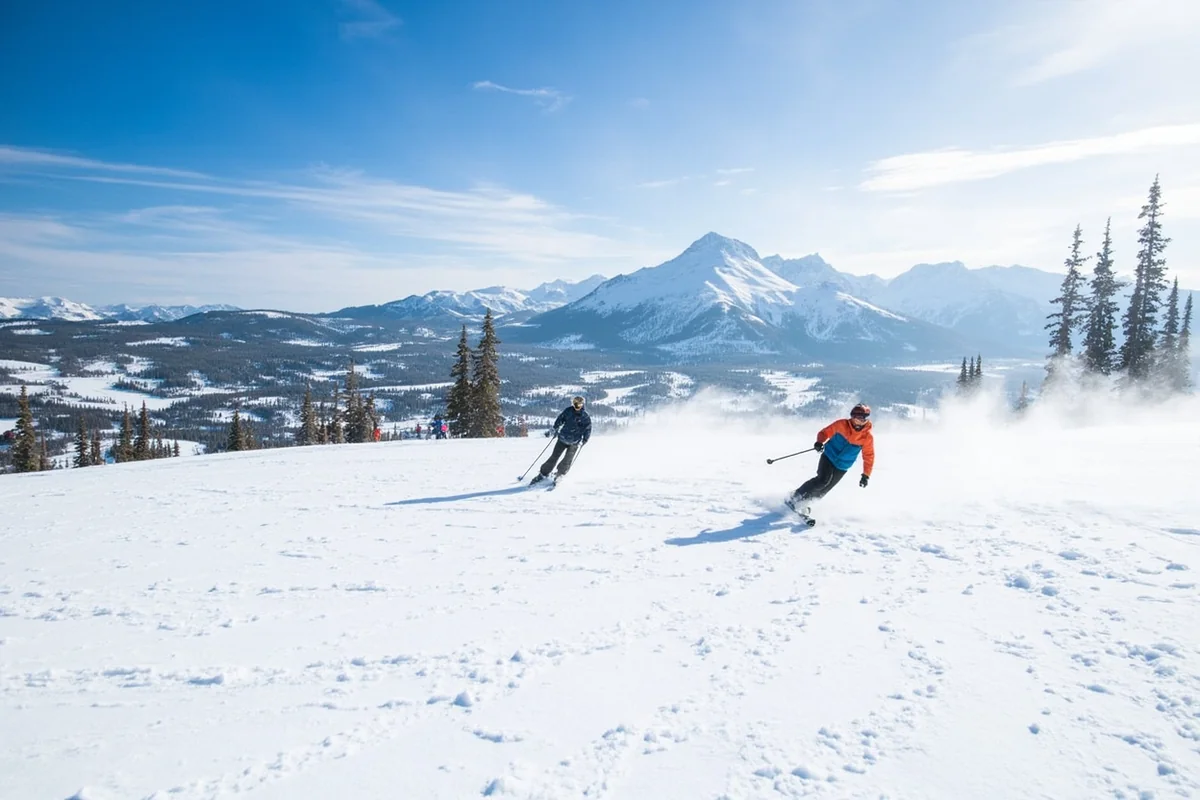 Skiers on pristine powder runs at Big Sky Resort with Lone Peak in background