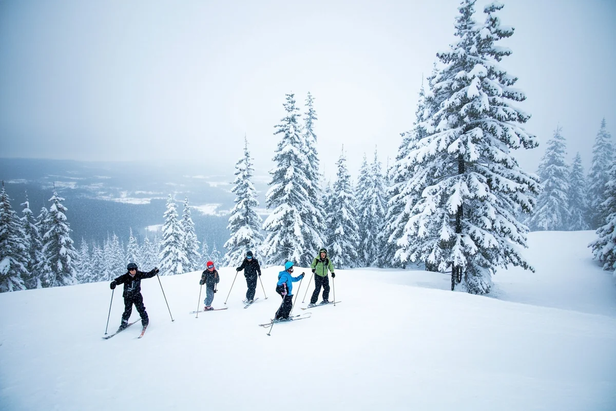 Skiers on slopes at Whitefish Mountain Resort with snow-covered trees