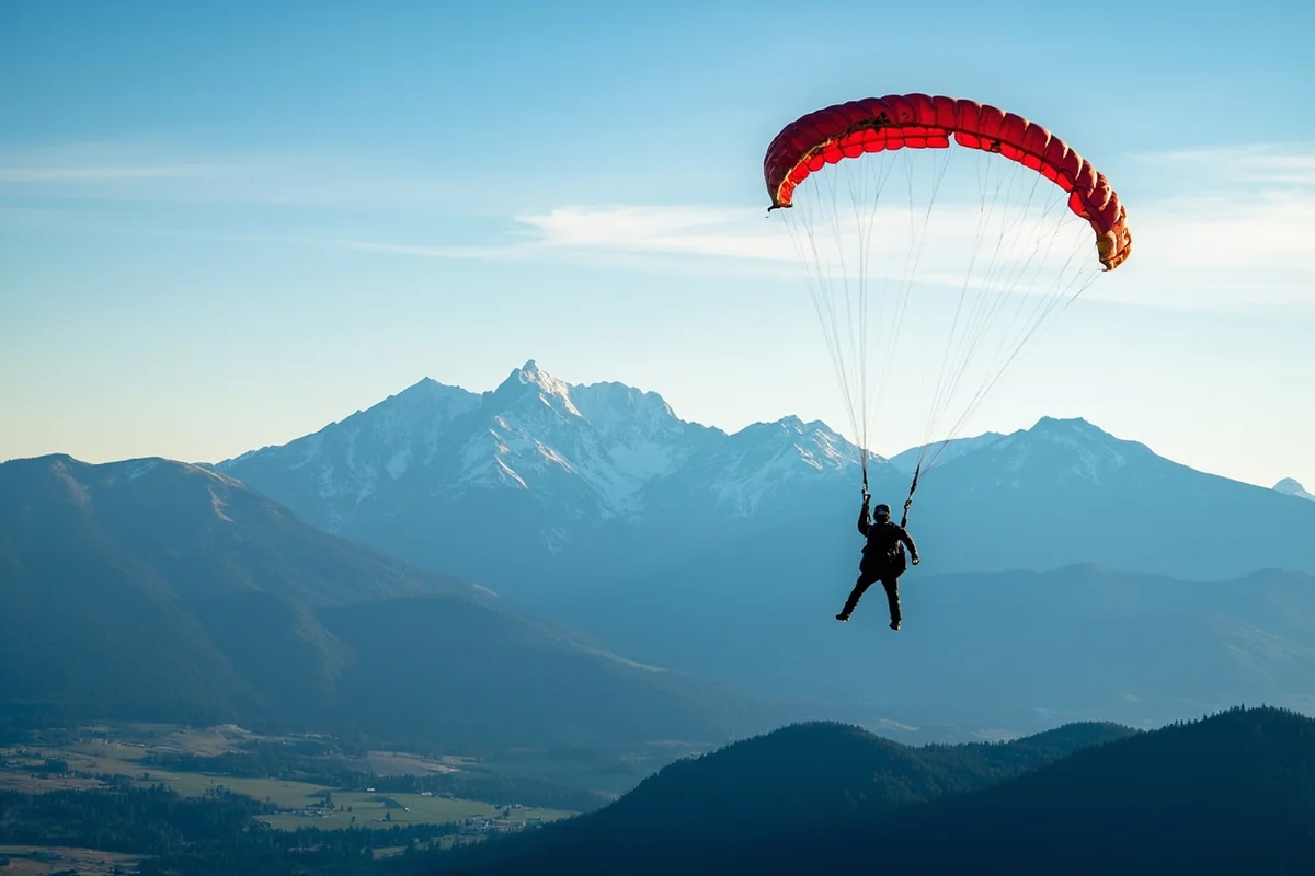 Skydiver with parachute deployed over Montana mountain landscape