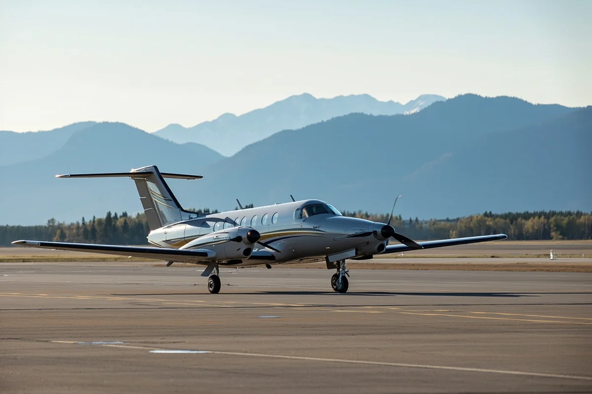 Small aircraft on tarmac at Great Falls International with Rocky Mountain Front in background