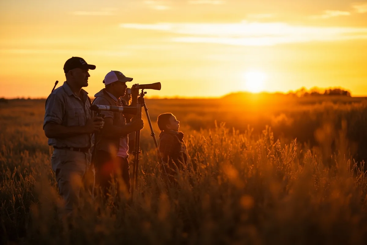 Small group of birders with spotting scopes scanning prairie at golden hour