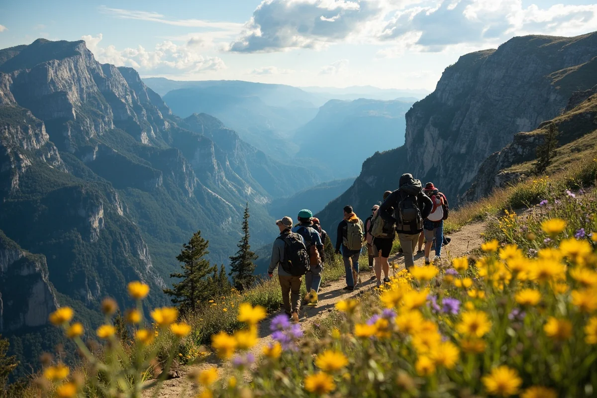 Small group of hikers on Highline Trail with dramatic cliff views and wildflowers in foreground