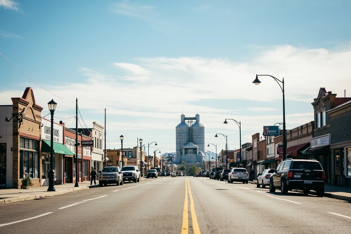 Small Montana prairie town main street with grain elevators and wide open sky