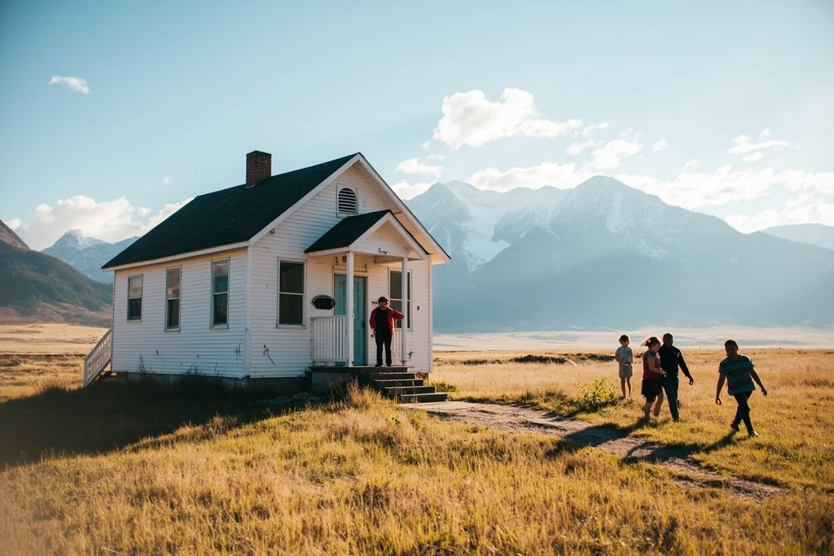 Small Montana schoolhouse with mountains in background and children playing outside