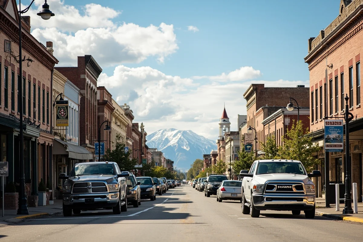 Small Montana town main street with historic buildings and pickup trucks