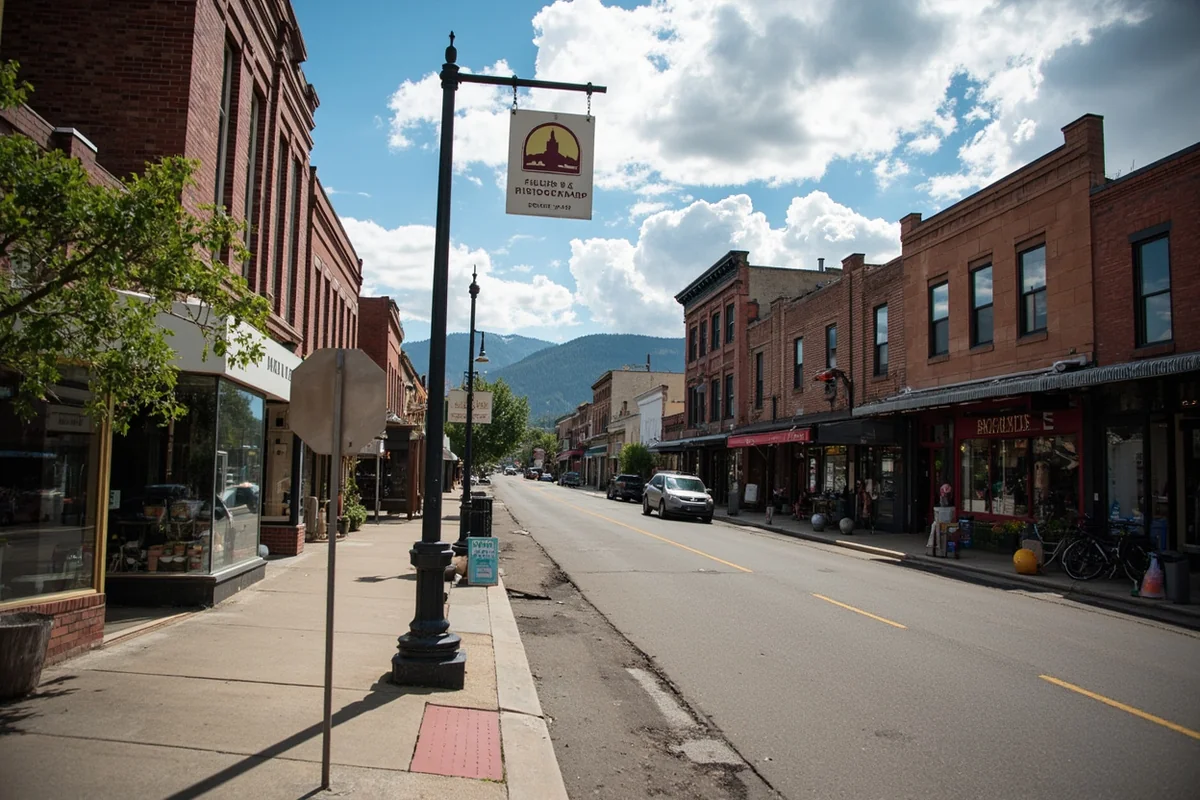 Small Montana town main street with local businesses