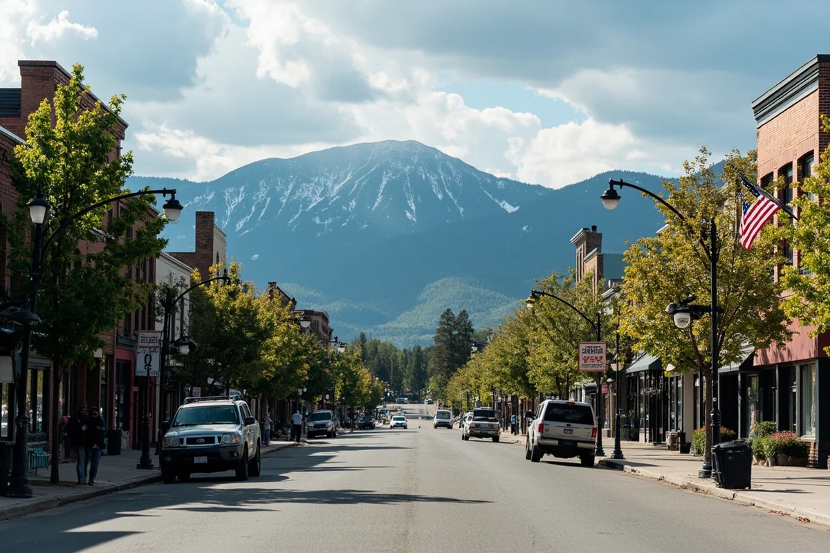 Small Montana town main street with mountain views