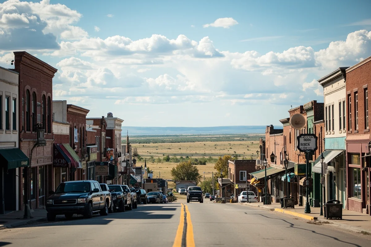 Small Montana town main street with vast prairie visible beyond, showing isolation and scale