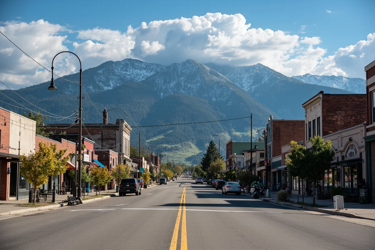 Small Montana town with mountain backdrop showing contrast between old and new development
