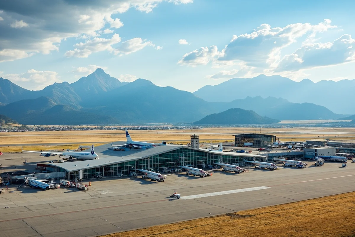 Small regional airport terminal in Montana with mountain backdrop