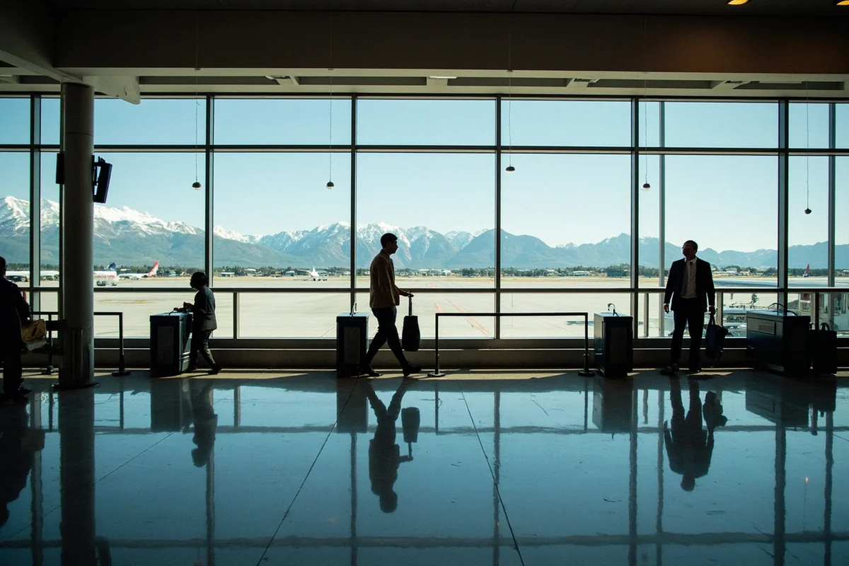 Small regional airport terminal in Montana with mountains visible through windows