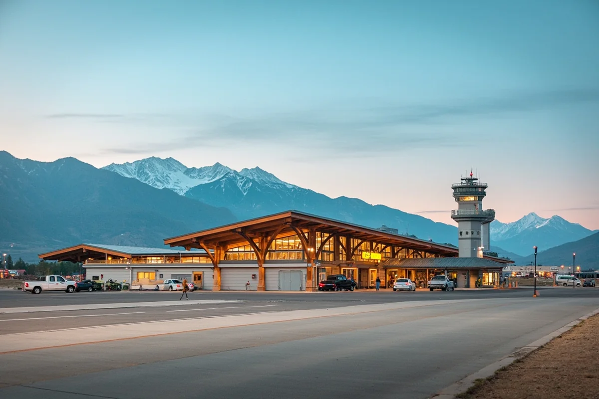 Small regional airport terminal with mountain backdrop, typical of Montana airports