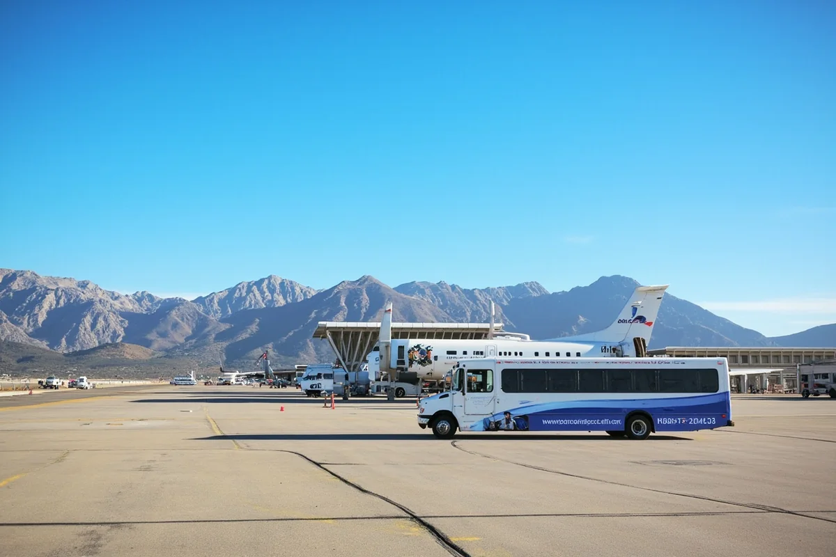 Small regional airport terminal with mountain backdrop, clear blue sky, rental car shuttle in foreground