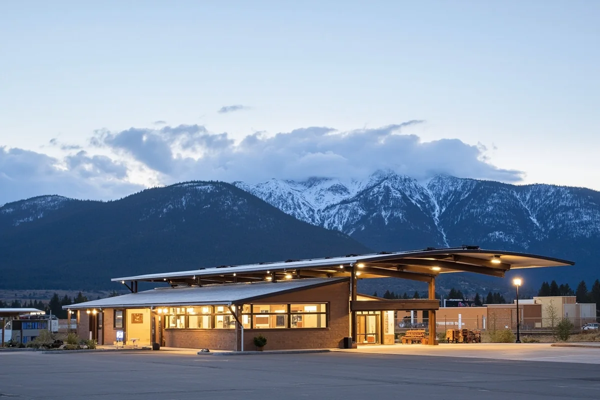 Small regional airport terminal with mountains in background, showing intimate scale of Montana airports