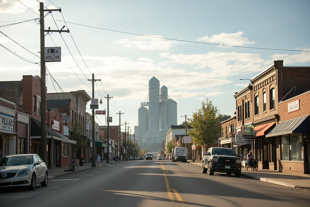 Small rural Montana town main street with grain elevators visible